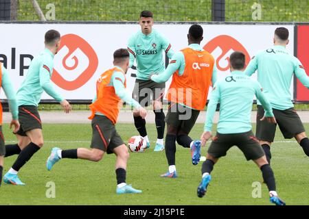 Oeiras. 22nd Mar 2022. Il difensore portoghese Joao Cancelo (C) partecipa a una sessione di allenamento al campo di allenamento Cidade do Futebol di Oeiras, Portogallo, il 22 marzo 2022, in vista della partita di calcio di qualificazione della Coppa del mondo 2022 contro la Turchia. Credit: Pedro Fiuza/Xinhua/Alamy Live News Foto Stock