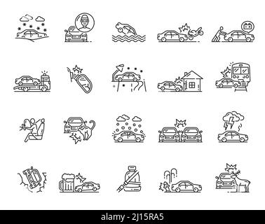 Icone di incidenti, danni, collisioni, guasti, ostacoli e segni vettoriali di emergenza. Assicurazione auto simboli isolati con veicolo stradale, auto rotte e moto Illustrazione Vettoriale
