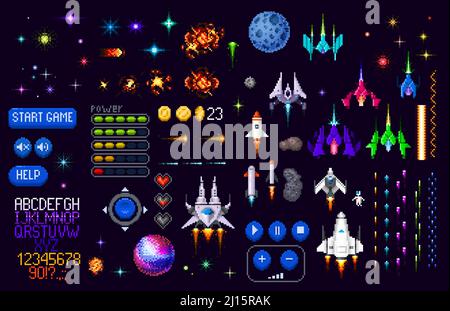 Spazio gioco asset 8 bit pixel art. Galaxy pianeti, razzi, starcraft, font e pixel art interfaccia pulsanti vettoriali. Giochi arcade retrò astronauti, stelle, esplosione effetto sprite e oggetti astronauti Illustrazione Vettoriale