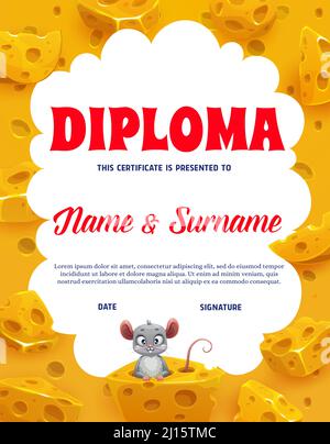 Diploma verticale per bambini con maasdam, emmental cheese e cartone animato mouse. Premio per l'educazione dei bambini con animale divertente in formaggio. Modello vettoriale per l'invito alla laurea o il certificato del vincitore del concorso per bambini Illustrazione Vettoriale