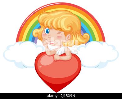 Angelo ragazza con cuore rosso e arcobaleno illustrazione Illustrazione Vettoriale