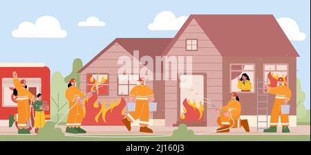 Gruppo di vigili del fuoco che combattono con il fuoco a casa in fiamme. Personaggi squadra in vigili del fuoco uniforme estinguere grande blaze, portare scala e secchi spruzzando acqua con tubo, illustrazione vettoriale Line art Illustrazione Vettoriale