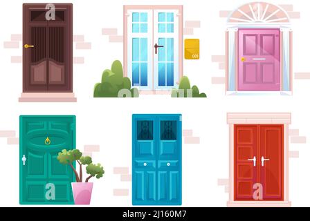 Ingressi della casa con porte diverse in muratura di mattoni. Set vettoriale di porte a cartoni animati, cancelli in legno in stile classico con vetro, maniglie, cassette postali e cespugli esterni Illustrazione Vettoriale