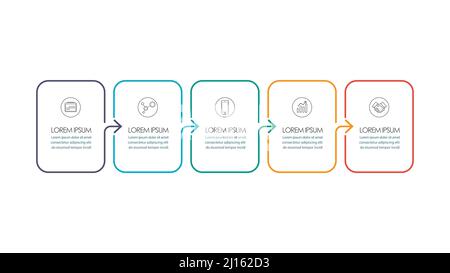 Infografica frame a linee sottili con modello quadrato a cinque passi. Illustrazione vettoriale Illustrazione Vettoriale