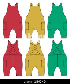 Multicolore Kids Dungaree Dress design Fashion flat Sketch vettoriale Illustrazione Template Vista frontale e posteriore. Abbigliamento Abbigliamento Design mock up Front and Illustrazione Vettoriale