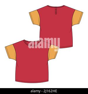 Modello di abbigliamento T-shirt a manica corta a due tonalità rosso, giallo per bambine. Tecnica Fashion disegno piatto vettore illustrazione mock su fronte Illustrazione Vettoriale