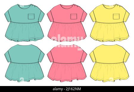 Multicolore Set di collezione Baby girls dress design tecnico Flat sketch vettoriale modello di illustrazione. Abbigliamento Mock up vista anteriore e posteriore Illustrazione Vettoriale