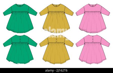 Multicolore Set di collezione Baby girls dress design tecnico Flat sketch vettoriale modello di illustrazione. Abbigliamento Mock up vista anteriore e posteriore Illustrazione Vettoriale