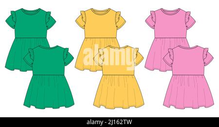 Multicolore Set di collezione Baby girls dress design tecnico Flat sketch vettoriale modello di illustrazione. Abbigliamento Mock up vista anteriore e posteriore Illustrazione Vettoriale