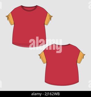 Modello di abbigliamento a manica corta a due tonalità rosso, giallo per bambine. Tecnica Fashion disegno piano disegno vettore illustrazione mock su fronte e retro Illustrazione Vettoriale