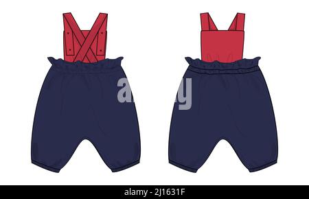 Due tonalità Navy, rosso colore Kids Dungaree Dress Design tecnica Moda Flat Sketch disegno vettoriale Template Vista frontale e posteriore. Disegno abbigliamento M Illustrazione Vettoriale