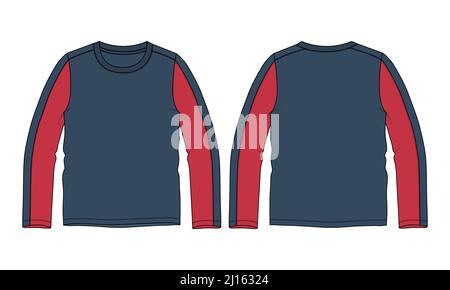 Due tonalità rosso, Navy, nero colore manica lunga T-shirt a collo rotondo tuta tecnica disegno modello di schizzo piatto vista anteriore e posteriore. Abito dre Illustrazione Vettoriale