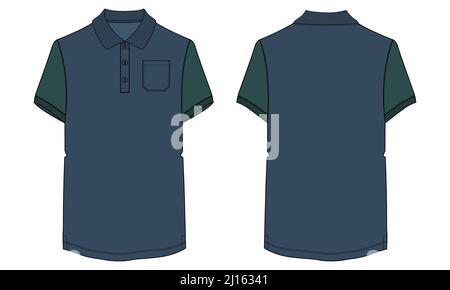 Polo Basic a manica corta in due tonalità Navy e Green con tasca tecnica di disegno flat vettoriale Illustrazione Mock up template front e. Illustrazione Vettoriale