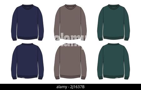 Collo rotondo manica lunga Sweatshirt moda generale disegni piatti disegno tecnico modello vettoriale per uomo. Abito di abbigliamento design mockup CAD Illustrat Illustrazione Vettoriale