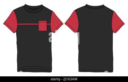 Manica corta bicolore nera, rossa con fondo arrotondato e t-shirt di base tascabile modello vettoriale a disegno piatto. Maglia di cotone A. Illustrazione Vettoriale