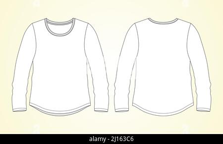 T-shirt a manica lunga tecnica e rilassante modello vettoriale Fashion Flat Sketch per Donna. Maglietta blank di abbigliamento davanti e dietro Illustrazione Vettoriale