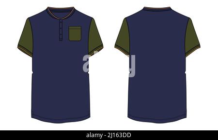 Custodia corta in due tonalità Navy, colore Gree con fondo rotondo e tasca base t shirt tecnica modello vettoriale a disegno piatto. Maglia di cotone A. Illustrazione Vettoriale