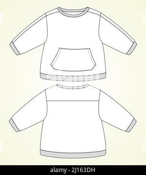 Felpa a manica lunga con tasca disegno tecnico a forma piatta modello di illustrazione vettoriale per bambini. Abbigliamento Design Mock up CAD. Illustrazione Vettoriale