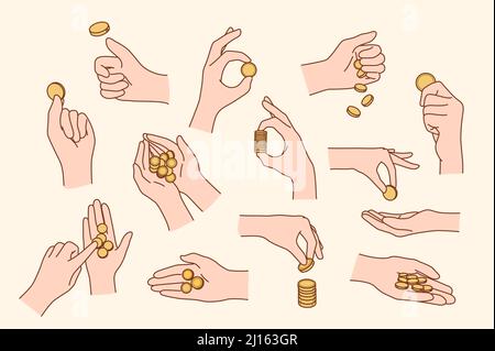 Set di mano della persona con monete d'oro contando e giocando con. Raccolta di persone con denaro in armi. Finanza e banche. Concetto di salvataggio. Illustrazione vettoriale piatta. Illustrazione Vettoriale