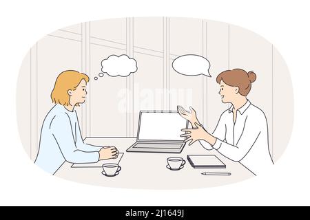 Le donne d'affari si siedono alla scrivania parlano di brainstorm durante la riunione d'ufficio. Le donne colleghi o partner commerciali hanno trattative o briefing. Spazio di copia vuoto nel fumetto vocale. Illustrazione vettoriale. Illustrazione Vettoriale