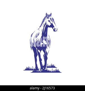 Cavallo in piedi sul prato Vista frontale Animal Farm Wildlife Silhouette Engraving Style Illustrazione Vettoriale