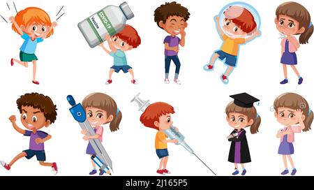 Set di bambini che svolgono attività diverse su sfondo bianco illustrazione Illustrazione Vettoriale