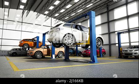 Negozio di riparazione auto o garage interno con auto sugli ascensori. 3D illustrazione. Foto Stock