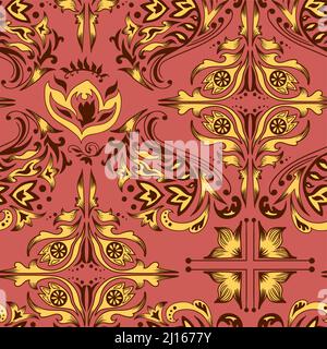 Motivo damasche rosso e giallo Illustrazione Vettoriale