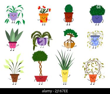 Una serie di piante di casa Kawaii sorridenti con braccia e gambe. Stile piatto. Illustrazione Vettoriale