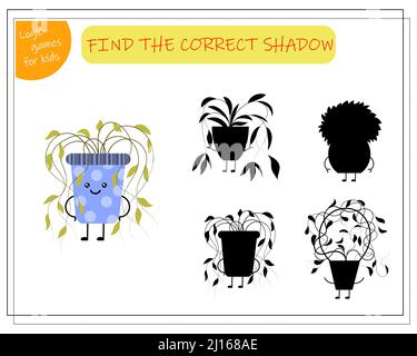 Gioco di logica per bambini trovare la giusta ombra, carino fiore cartoon in un piatto kawaii. Illustrazione Vettoriale