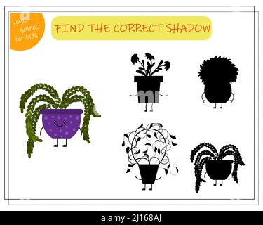 Gioco di logica per bambini trovare la giusta ombra, carino fiore cartoon in un piatto kawaii. Illustrazione Vettoriale