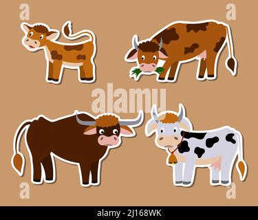 un set di adesivi di carino mucche cartoon e mezzo. vettore isolato su uno sfondo bianco. Illustrazione Vettoriale
