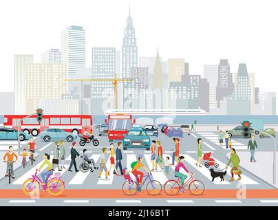 Silhouette cittadina con pedoni sulla zebra che attraversa e trasporto pubblico e ciclisti, illustrazione Illustrazione Vettoriale
