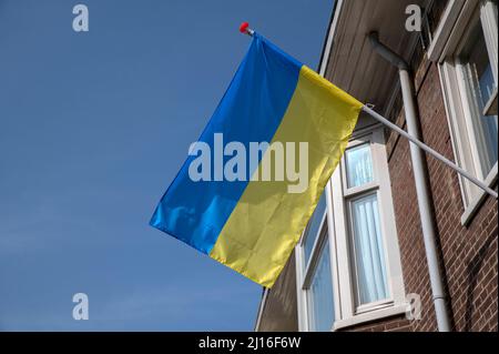 Primo piano bandiera Ucraina per protesta ad Amsterdam Paesi Bassi 22-3-2022 Foto Stock