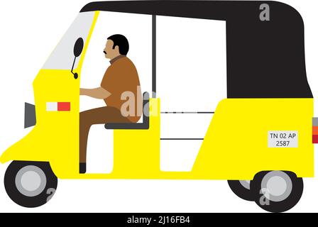 Vettore di rickshaw auto giallo con conducente , un veicolo di trasporto primario a Tamilnadu , India Illustrazione Vettoriale