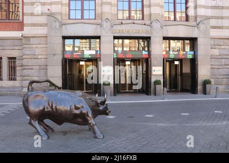 Edificio della Borsa di Amsterdam con scultura in bronzo di toro di Arturo di Modica, Olanda, marzo 2022 Foto Stock