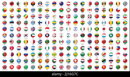 Bandiere nazionali ufficiali di tutti i paesi del mondo. Design con bandierina a bottone lucida Illustrazione Vettoriale