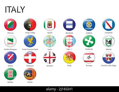 Tutte le bandiere delle regioni d'Italia. Design con bandierina a bottone lucida Illustrazione Vettoriale