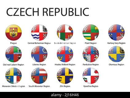 Tutte le bandiere delle regioni della Repubblica Ceca. Design con bandierina a bottone lucida Illustrazione Vettoriale