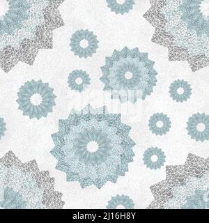 Modello senza cuciture di pizzo aperto forme rotonde. Sfondo geometrico con effetto fiocco di neve. Ornamento arioso in blu chiaro e grigio chiaro Foto Stock