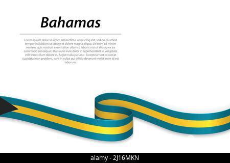 Sventolando in nastro o banner con bandiera delle Bahamas. Modello per il giorno di indipendenza il design di poster Illustrazione Vettoriale