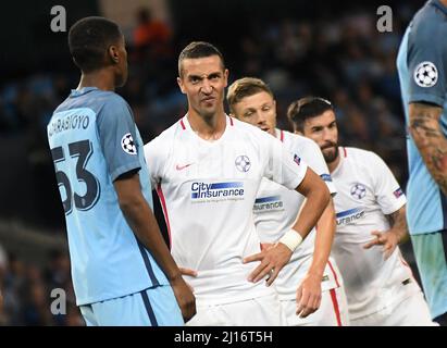 MANCHESTER, INGHILTERRA - 24 AGOSTO 2016: Marko Momcilovic di FCSB raffigurato durante la seconda tappa della UEFA Champions League 2016/17 tra Manchester City (Engalnd) e FCSB (Romania) all'Etihad Stadium. Copyright: Cosmin Iftode/Picstaff Foto Stock