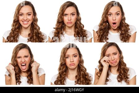 collage con diverse emozioni in una giovane donna su sfondo bianco Foto Stock