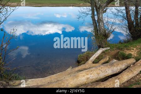 Il fiume Tamigi, Oxfordshire, Regno Unito, si snoda verso il centro di Oxford Foto Stock