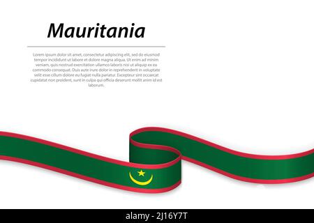 Sventolando in nastro o banner con bandiera della Mauritania. Modello per il giorno di indipendenza il design di poster Illustrazione Vettoriale