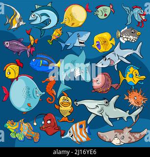 Cartoon illustrazioni di pesce mare vita animale caratteri sfondo Illustrazione Vettoriale