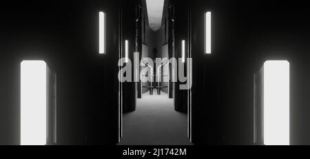 Tunnel sotterraneo Corridoio cemento asfalto seminterrato corridoio magazzino tunnel Corridoio metallo struttura realistica 3D Illustrazione Foto Stock