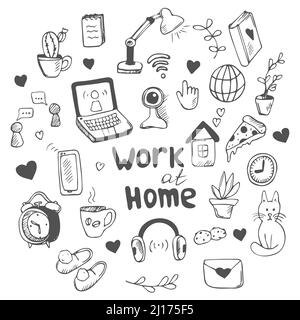 Doodle stile vettore set circa lavorare a casa durante il coronavirus pandemic, freelancing, e auto-isolamento. Elettrodomestici per stampante da lavoro, moni Illustrazione Vettoriale