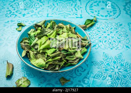 Hystrix di agrumi - foglie di lime di Kaffir - foglie secche utilizzate nelle cucine asiatiche e nella medicina tradizionale Foto Stock