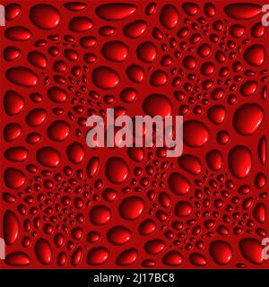 3D rendering. Sfondo astratto sotto forma di gocce d'acqua su una superficie metallica rossa. Foto Stock